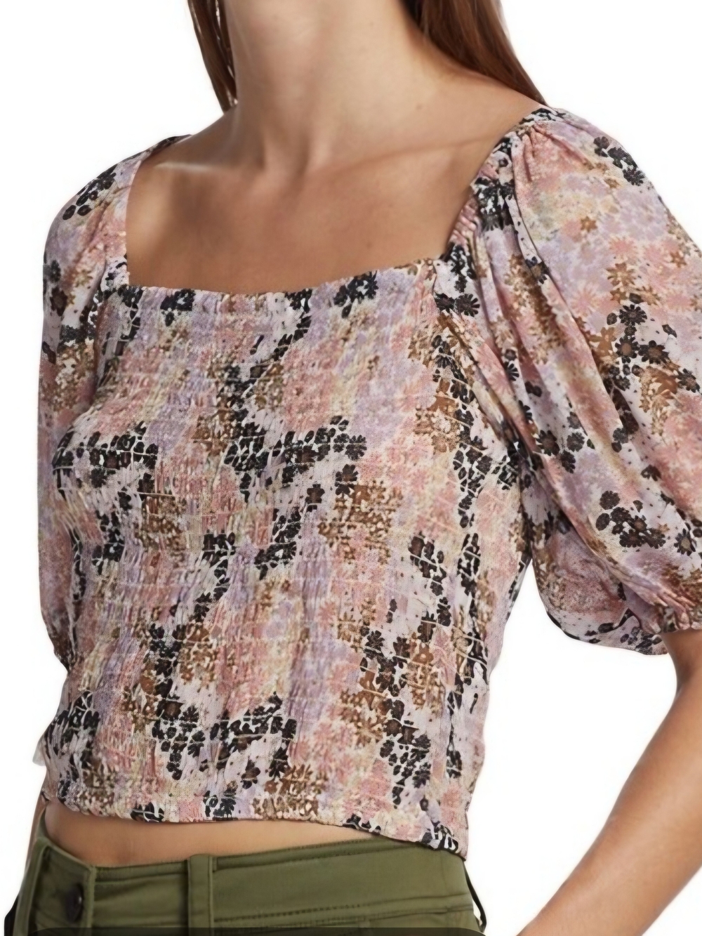 O Free People Pink Floral Smocked Square-Neck Puff-Sleeve Crop Top XL